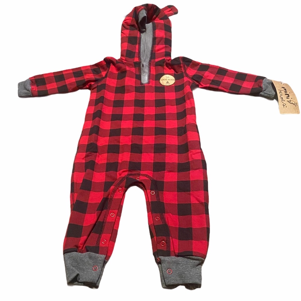 Mini Heroes  Red buffalo plaid hooded romper 12 months